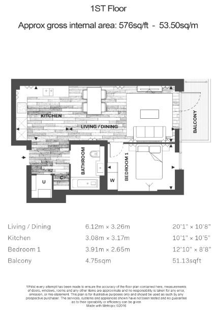 1 bedroom flat to rent in Fulham Reach, Hammersmith, W6-Floorplan