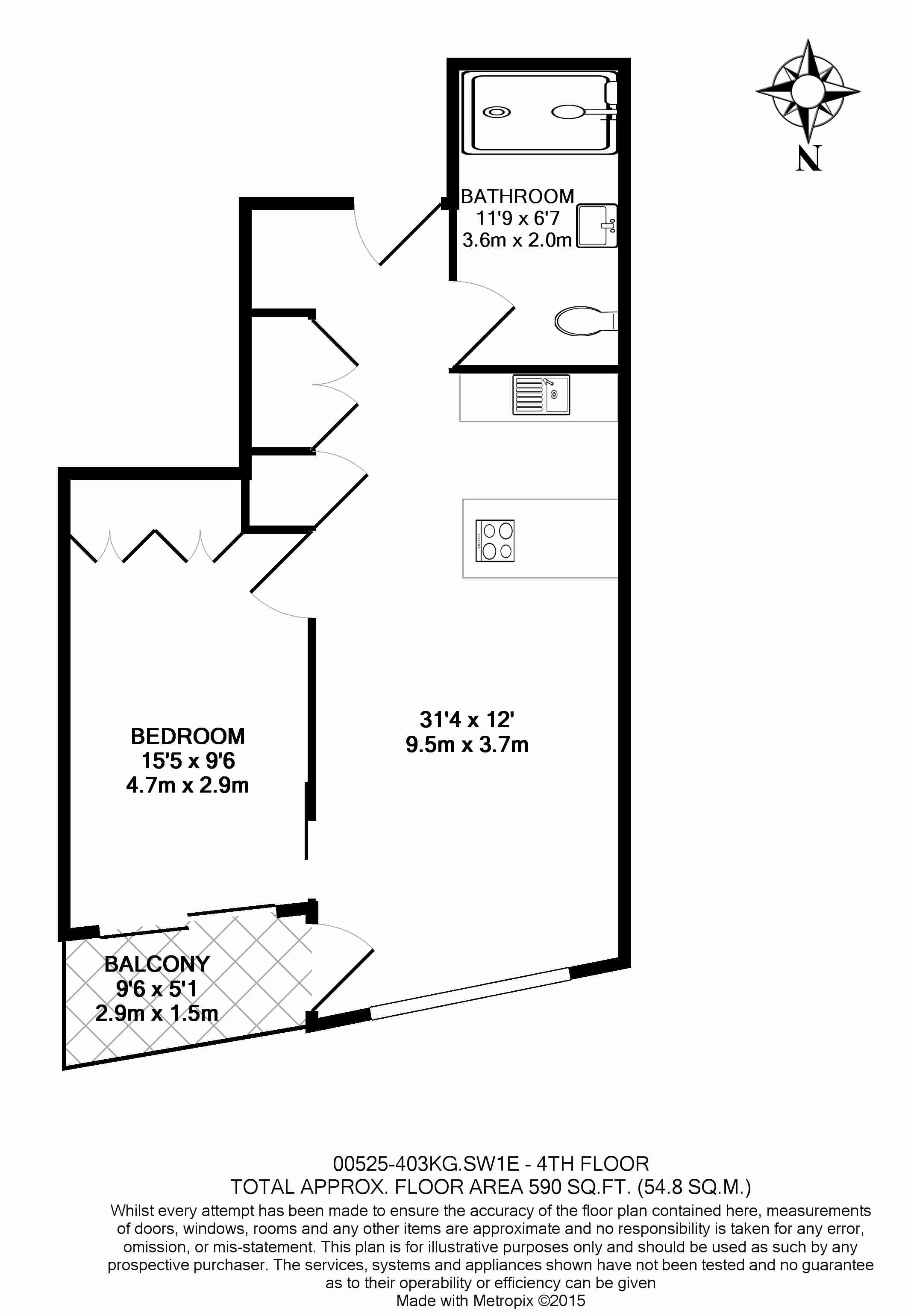 1 bedroom flat to rent in King's Gate Walk, Victoria, SW1-Floorplan