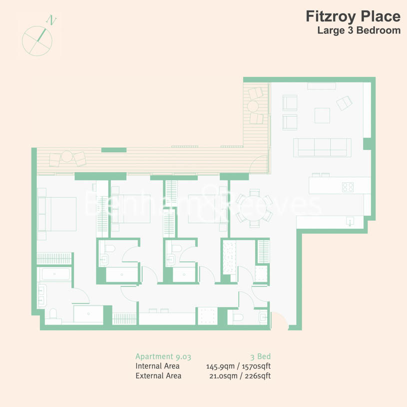 3 bedrooms flat to rent in Fitzroy Place, Pearson Square, Fitzrovia, W1T-Floorplan